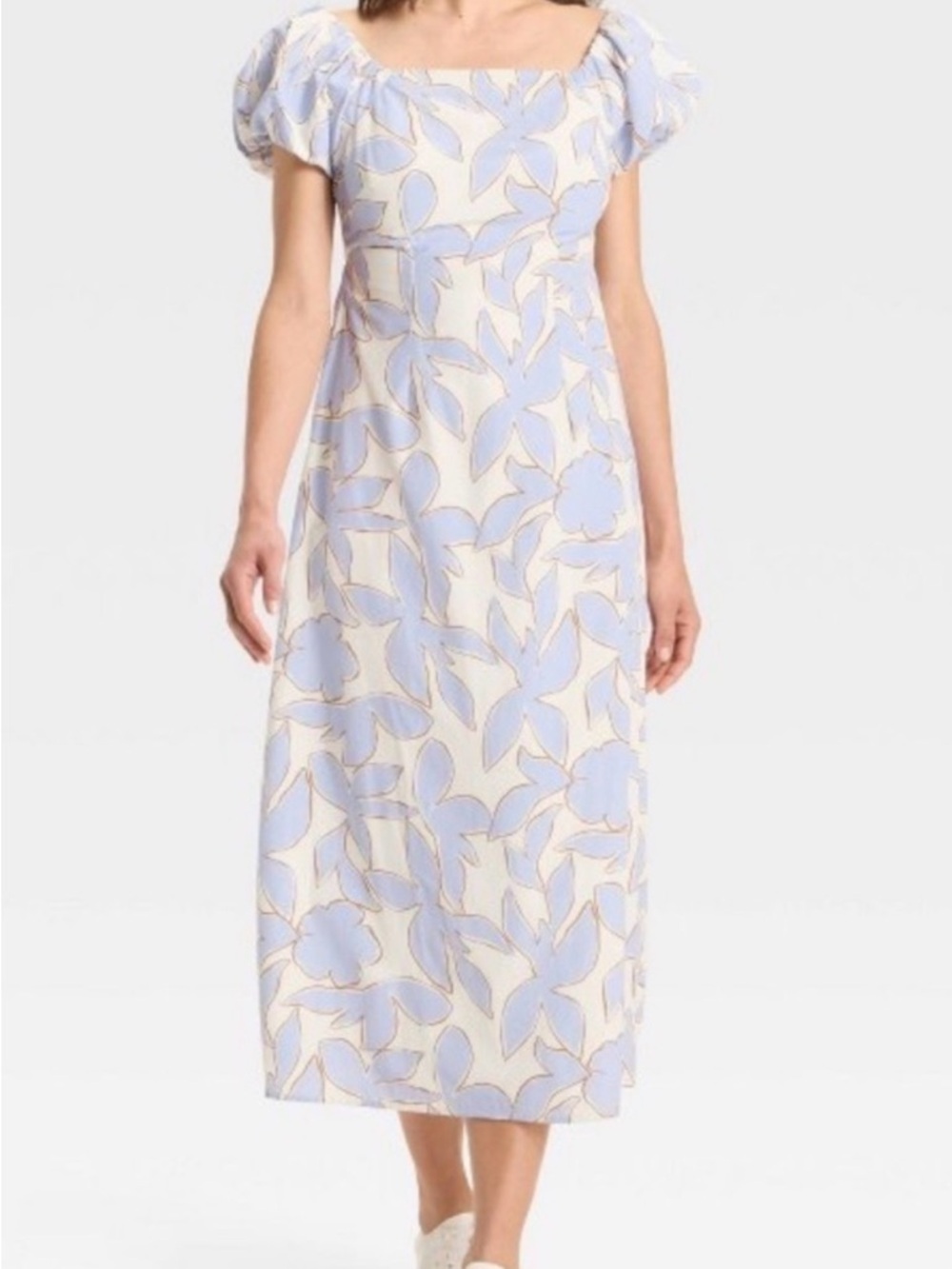 a new day Cream and Light Blue Floral Square-Neck Midi Dress